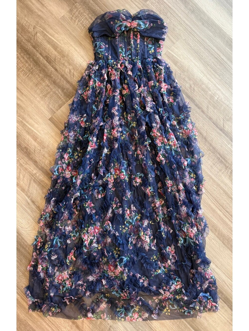 Lulu's Stunning Element Navy Floral Mesh Ruffled Strapless Maxi Dress Size Small